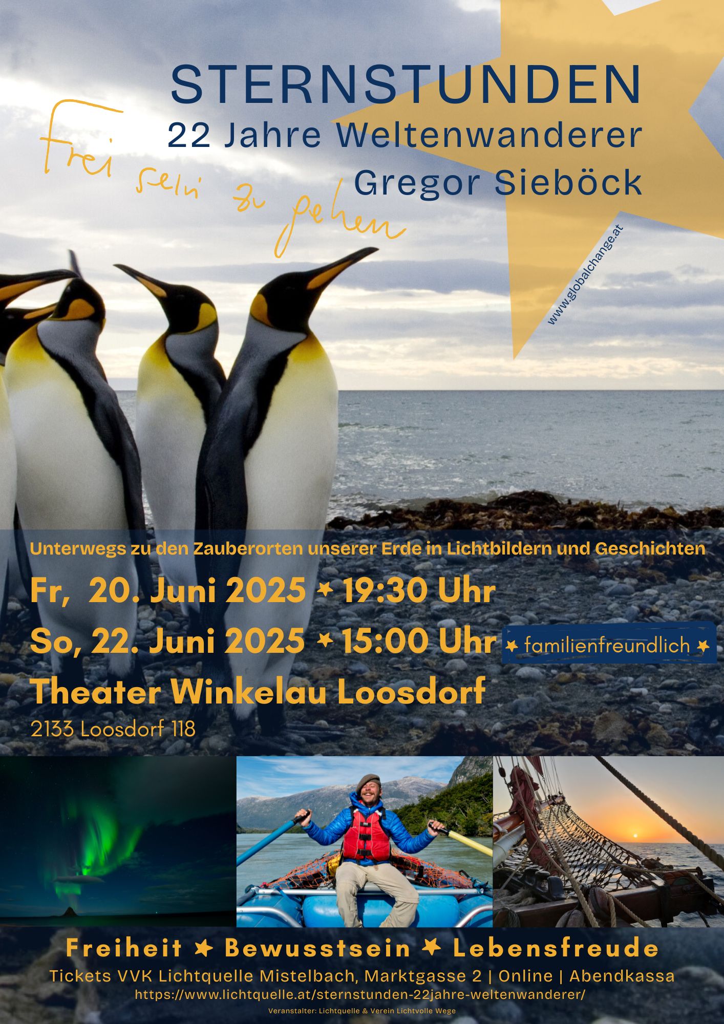 Plakat der Veranstaltung mit den Terminen, Pinguinen, Nordlichtern, Gregor Sieböck auf einem Kanu und Sonnenuntergang vonenem Segelboot aus betrachtet