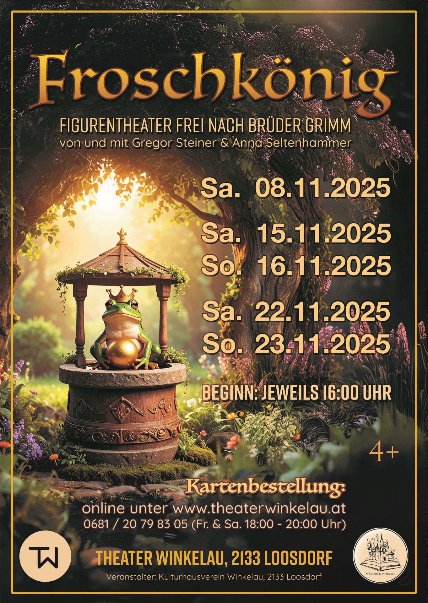 Plakat-Froschkönig-kl Plakat der Veranstaltung mit den Terminen und einem Frosch der mit einer goldenen Kugel am Brunnenrand sitzt