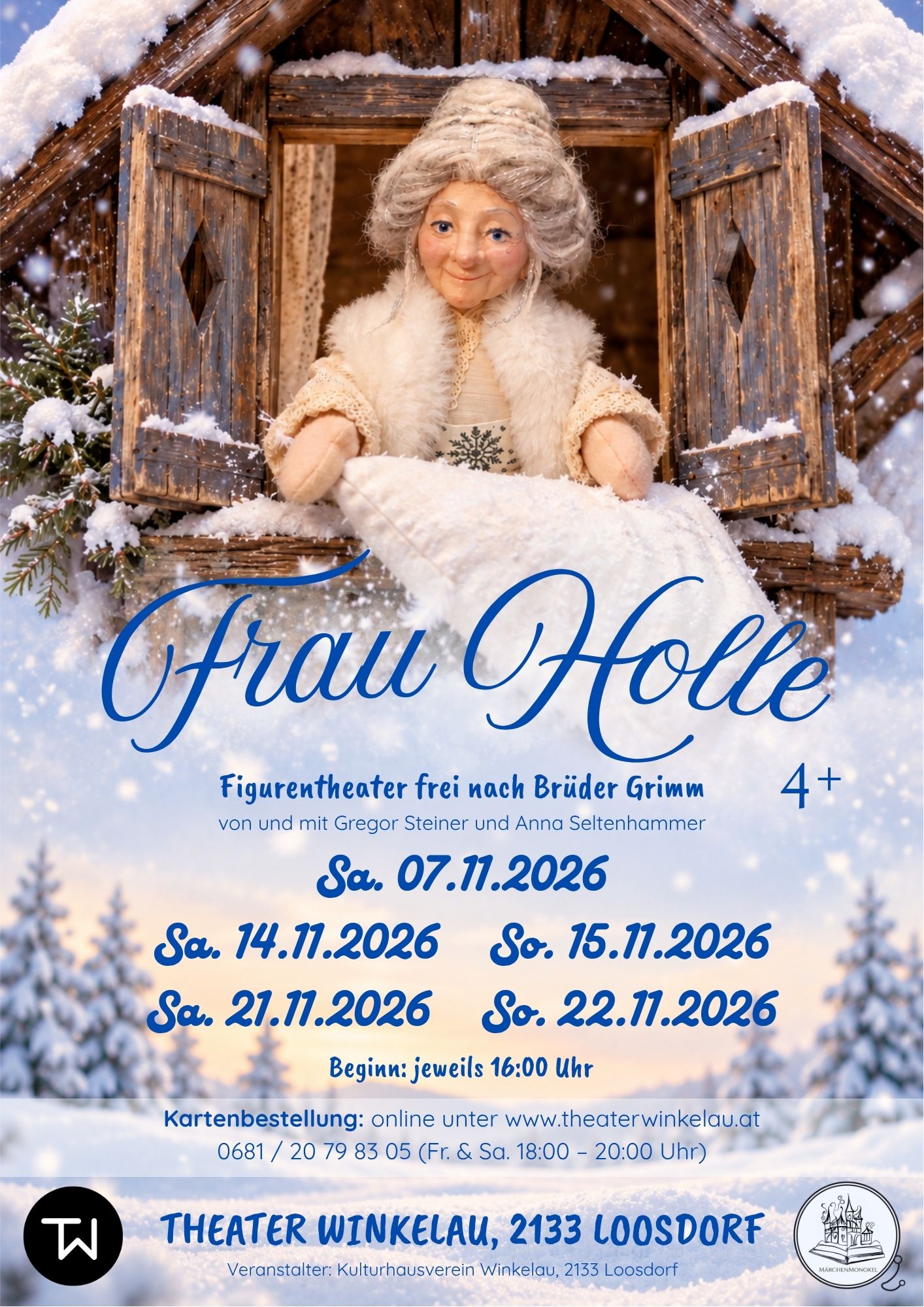 Veranstaltungsplakat mit der Figur von Frau Holle und den Aufführungsterminen